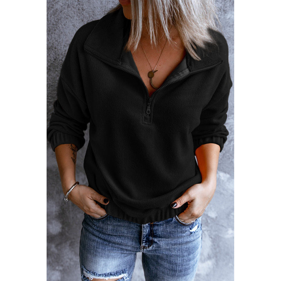 Womens Black Turn-down Collar Long Sleeve Zipper Fleece Pullover Sweatshirt Image 1