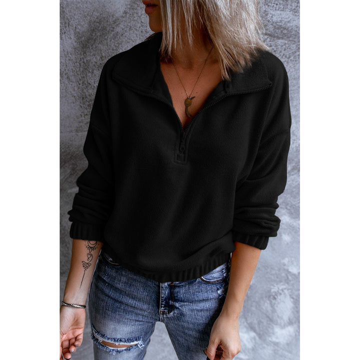 Womens Black Turn-down Collar Long Sleeve Zipper Fleece Pullover Sweatshirt Image 3