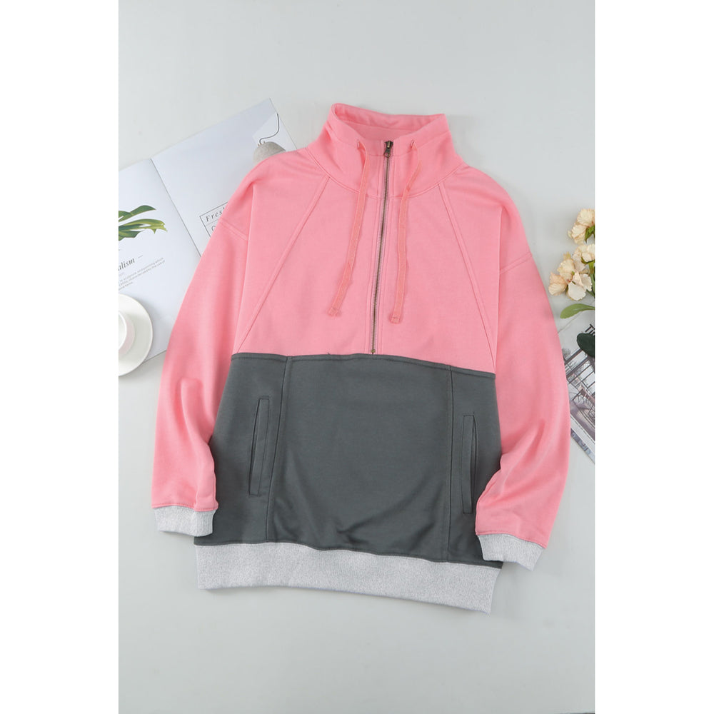 Womens Pink Zipped Colorblock Sweatshirt with Pockets Image 2