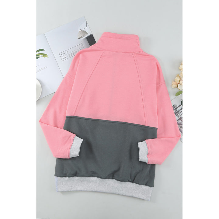 Womens Pink Zipped Colorblock Sweatshirt with Pockets Image 3