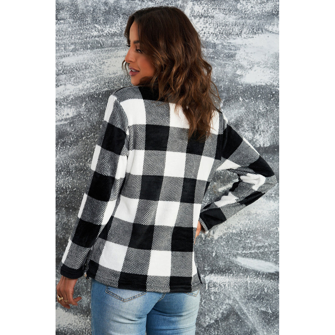 Women's Black Plaid Print 1/4 Zip Turn-down Collar Sweatshirt Image 1