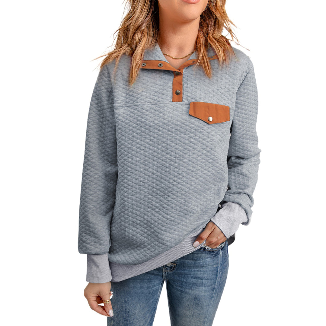 Women's Gray Quilted Snaps Stand Neck Pullover Sweatshirt with Fake Front Pocket Image 1