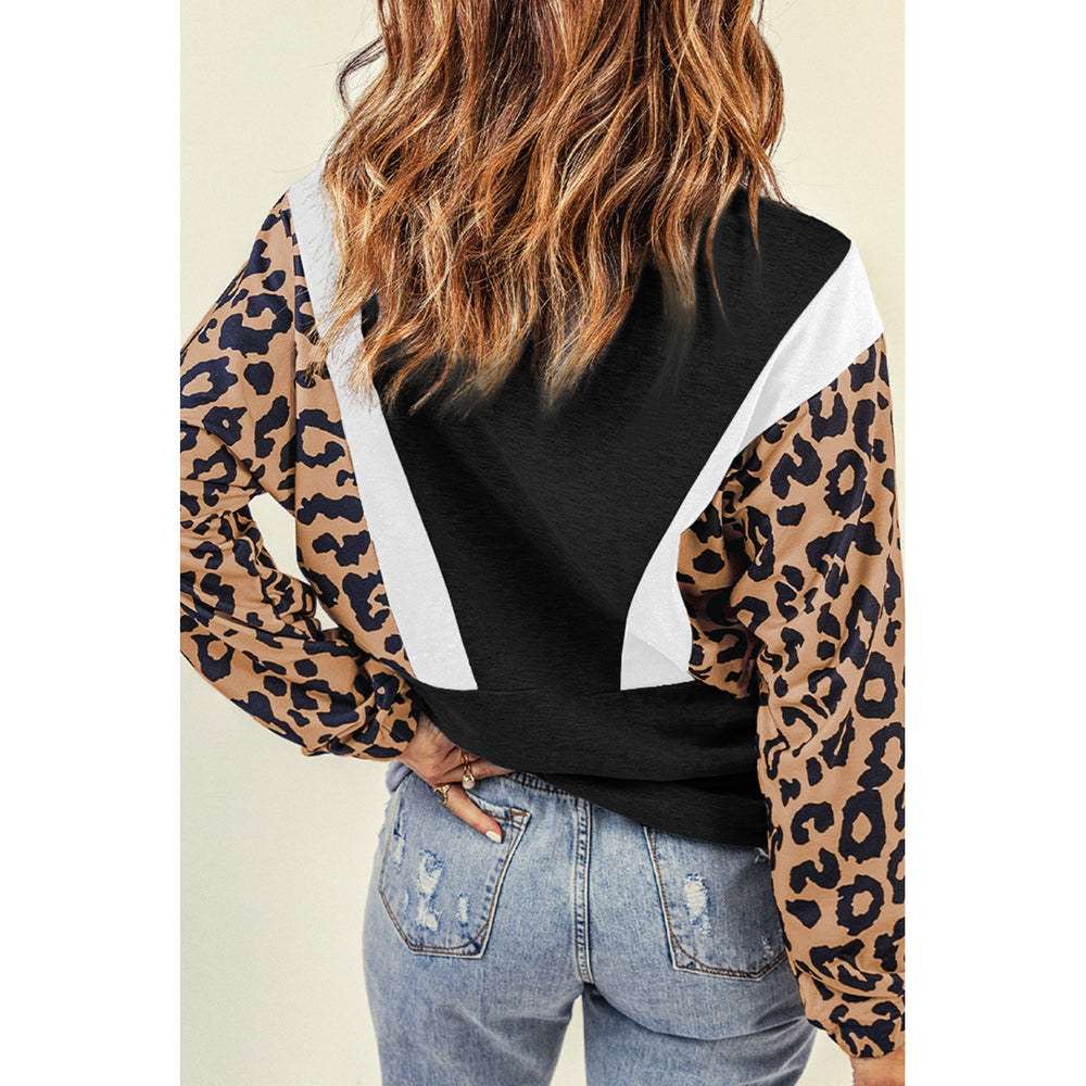 Womens Black Pocketed Half Zip Leopard Pullover Sweatshirt Image 2