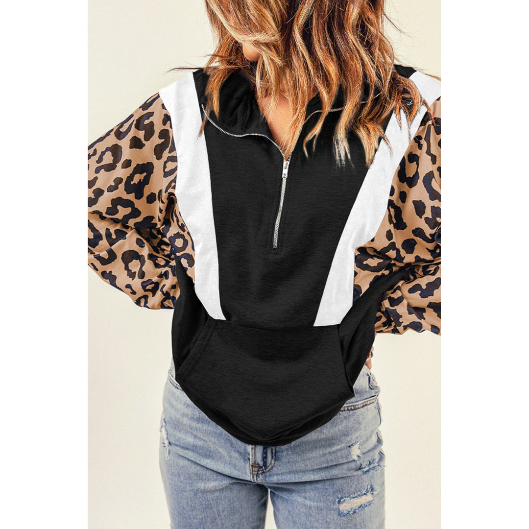 Womens Black Pocketed Half Zip Leopard Pullover Sweatshirt Image 1
