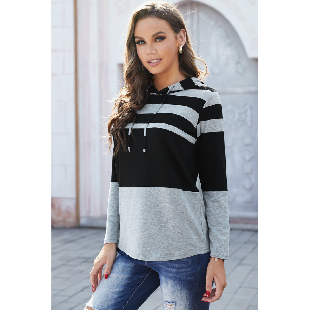 Womens Gray Striped Color Block Drawstring Hoodie Image 3