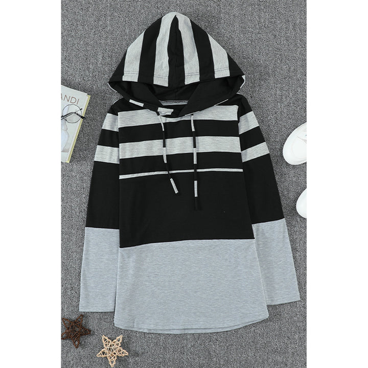 Womens Gray Striped Color Block Drawstring Hoodie Image 6