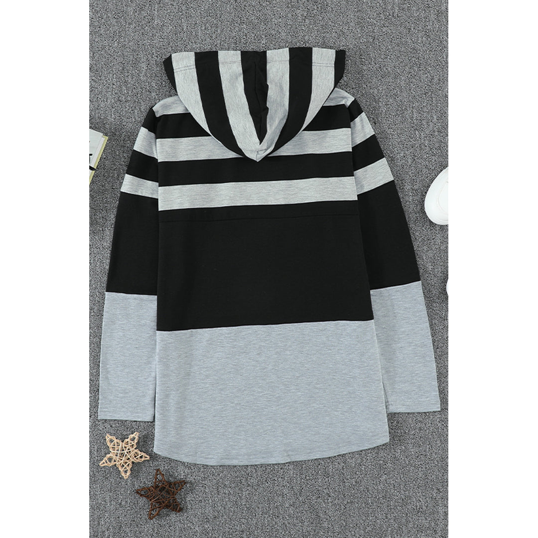 Womens Gray Striped Color Block Drawstring Hoodie Image 7