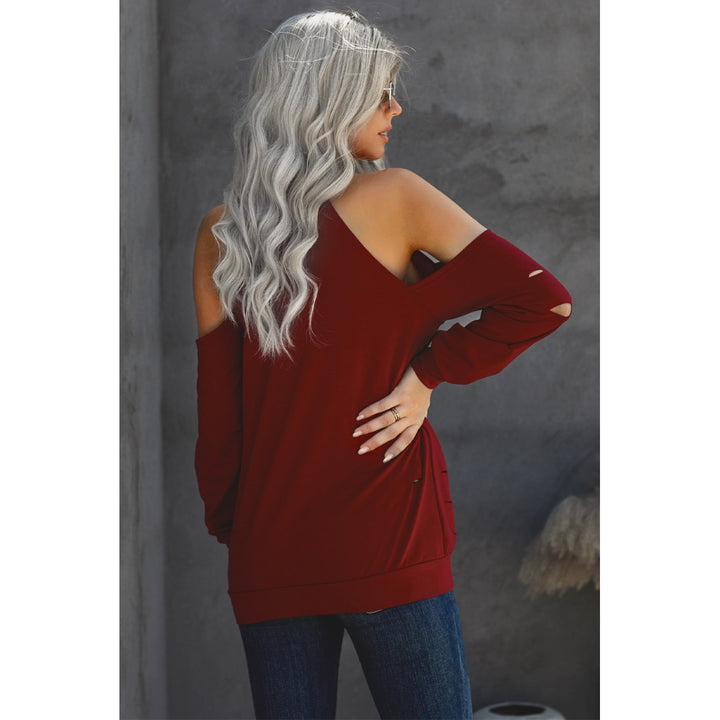 Womens Red Hollow Out Off-the-shoulder Long Sleeve T-shirt Image 2