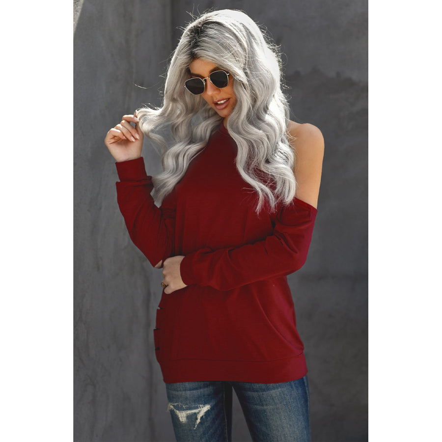 Womens Red Hollow Out Off-the-shoulder Long Sleeve T-shirt Image 1