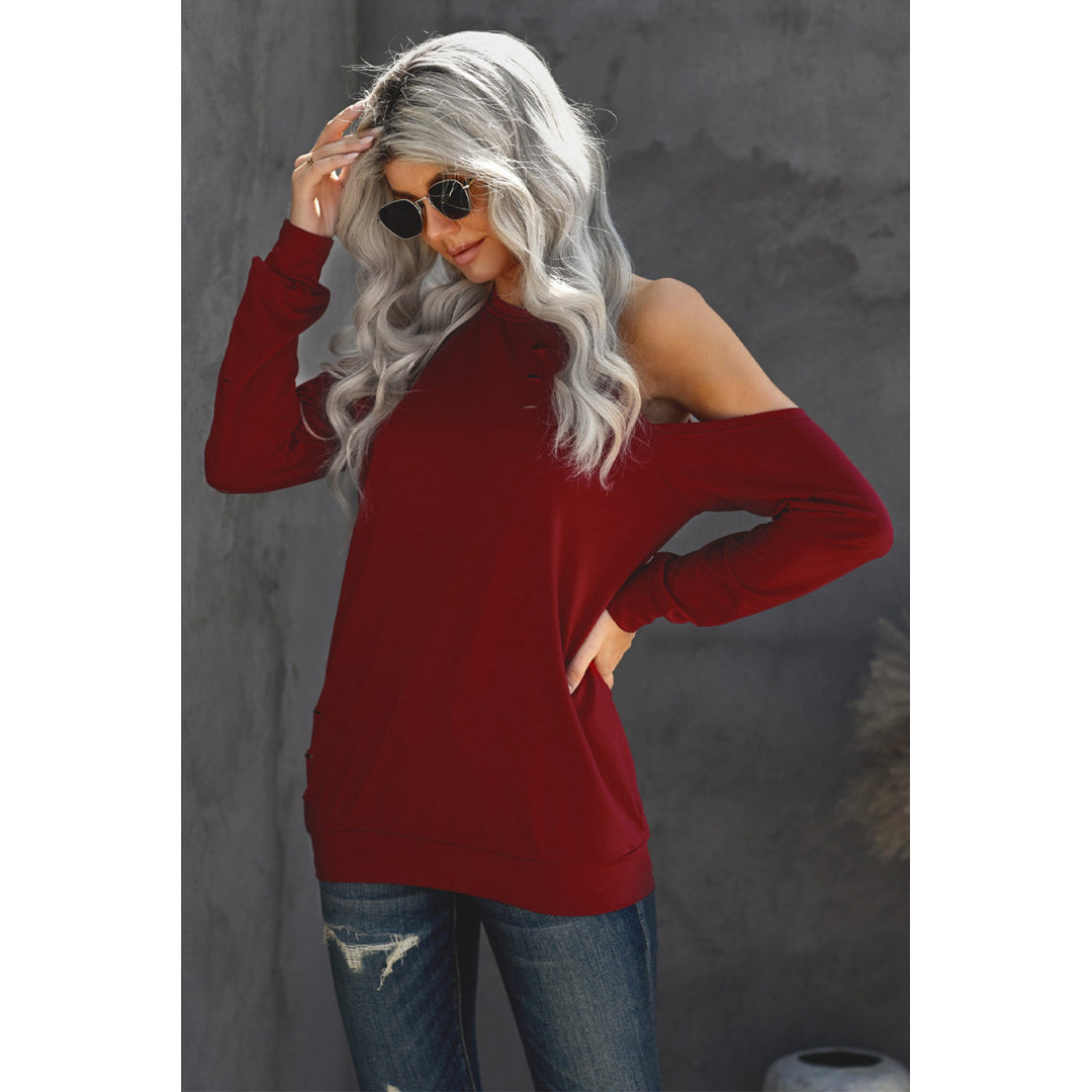 Womens Red Hollow Out Off-the-shoulder Long Sleeve T-shirt Image 3
