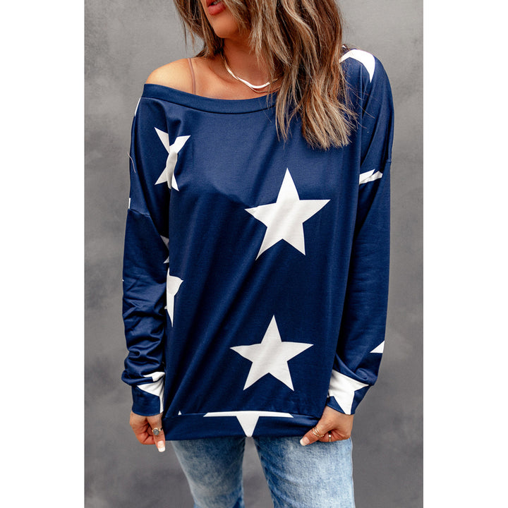 Women's Fashion Five-pointed Star Print Round Neck Blue Sweatshirt Image 1