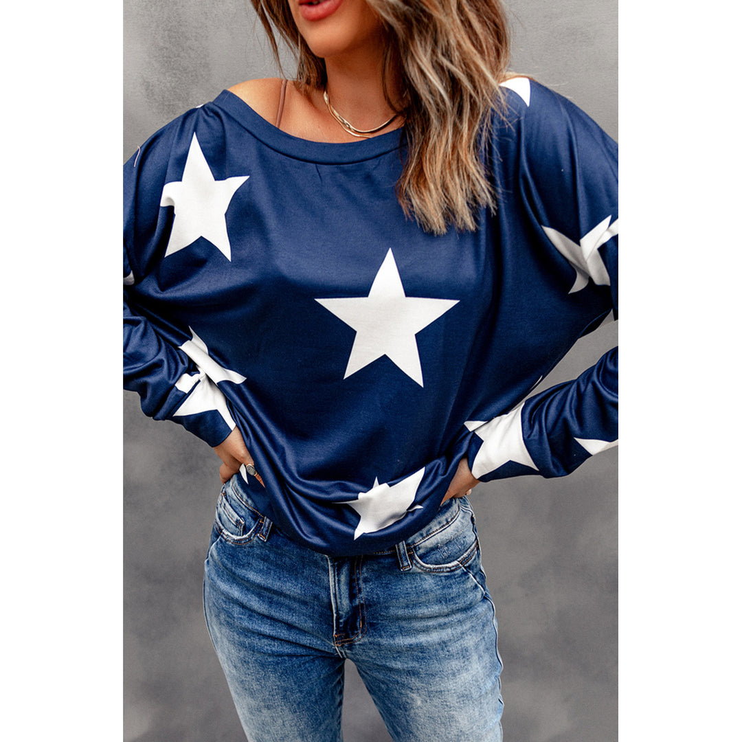 Women's Fashion Five-pointed Star Print Round Neck Blue Sweatshirt Image 3