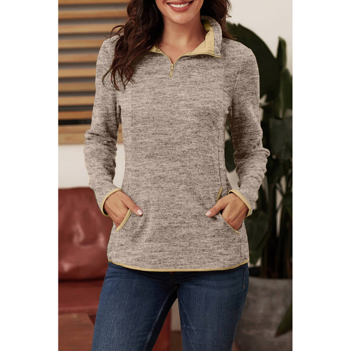 Womens Khaki Quarter Zip Pullover Sweatshirt Image 3