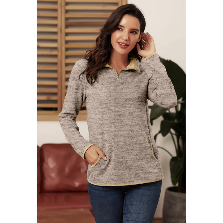 Womens Khaki Quarter Zip Pullover Sweatshirt Image 6