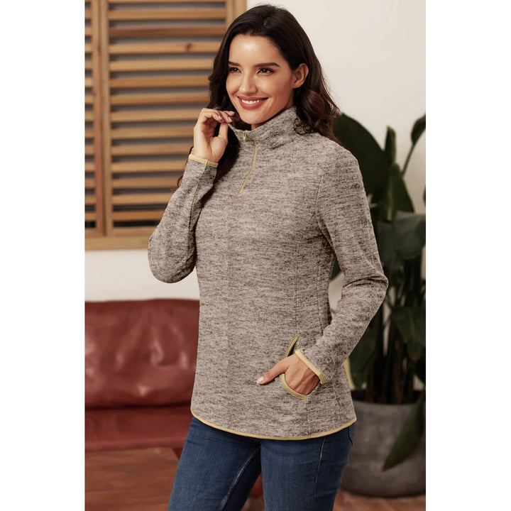 Womens Khaki Quarter Zip Pullover Sweatshirt Image 7