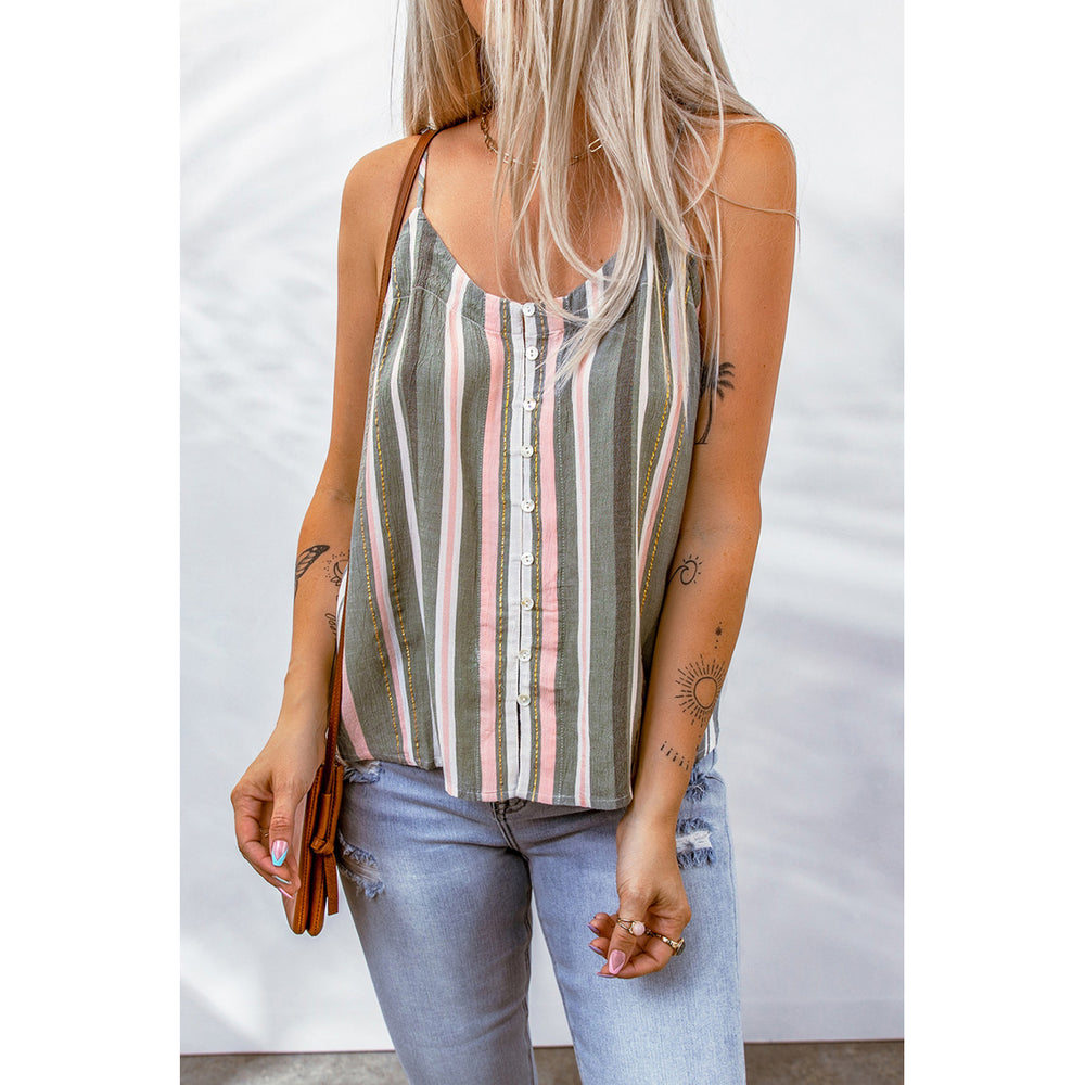 Womens Color Block Striped Button Up Tank Top Image 2