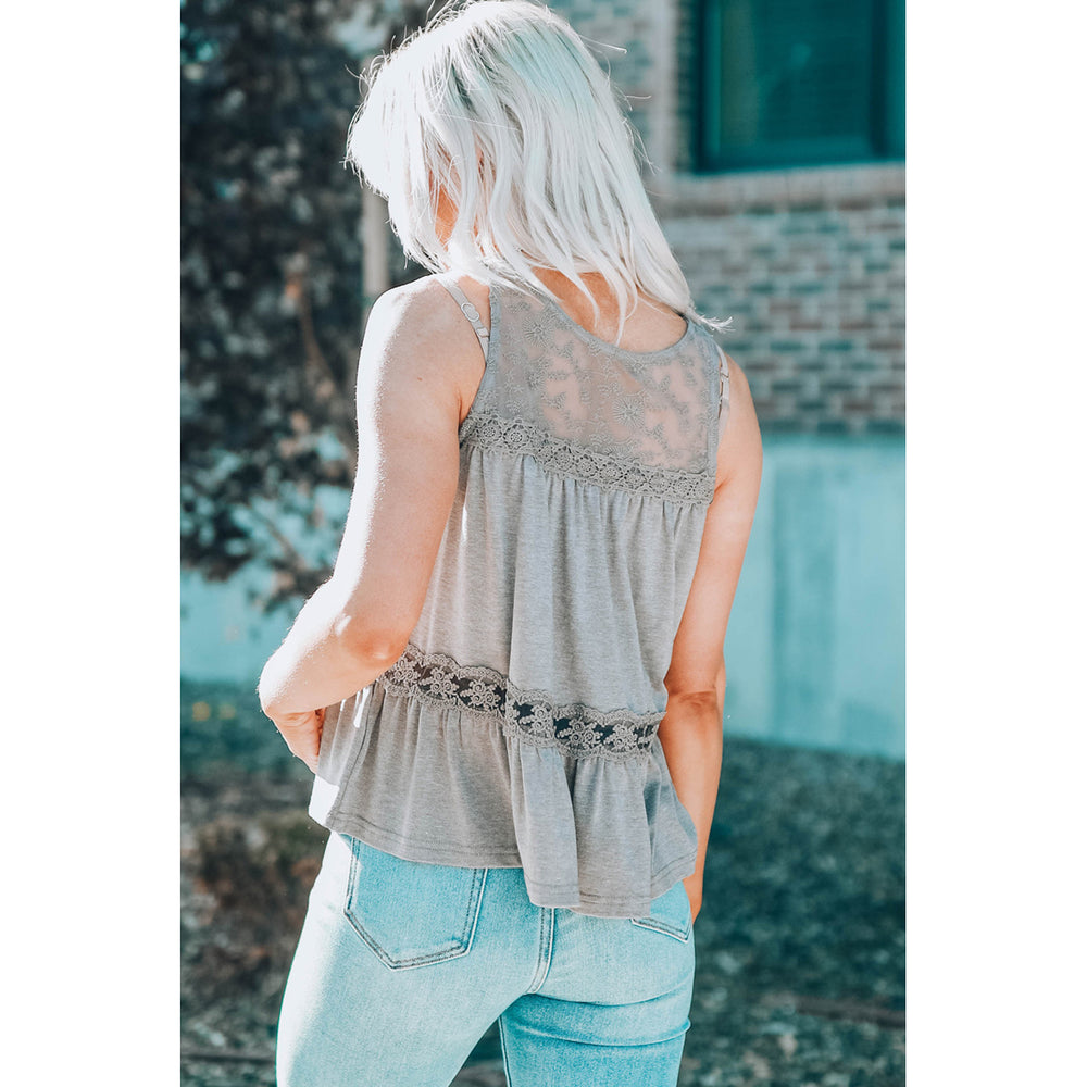 Women's Gray Lace Embroidery Ruffled Sleeveless Top Image 2
