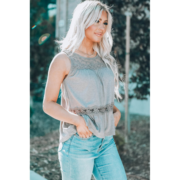 Women's Gray Lace Embroidery Ruffled Sleeveless Top Image 3