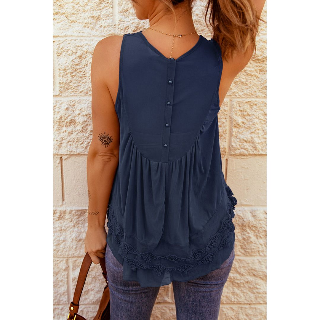 Womens Navy Blue Lace Detail Buttons Back Sleeveless Top Image 2