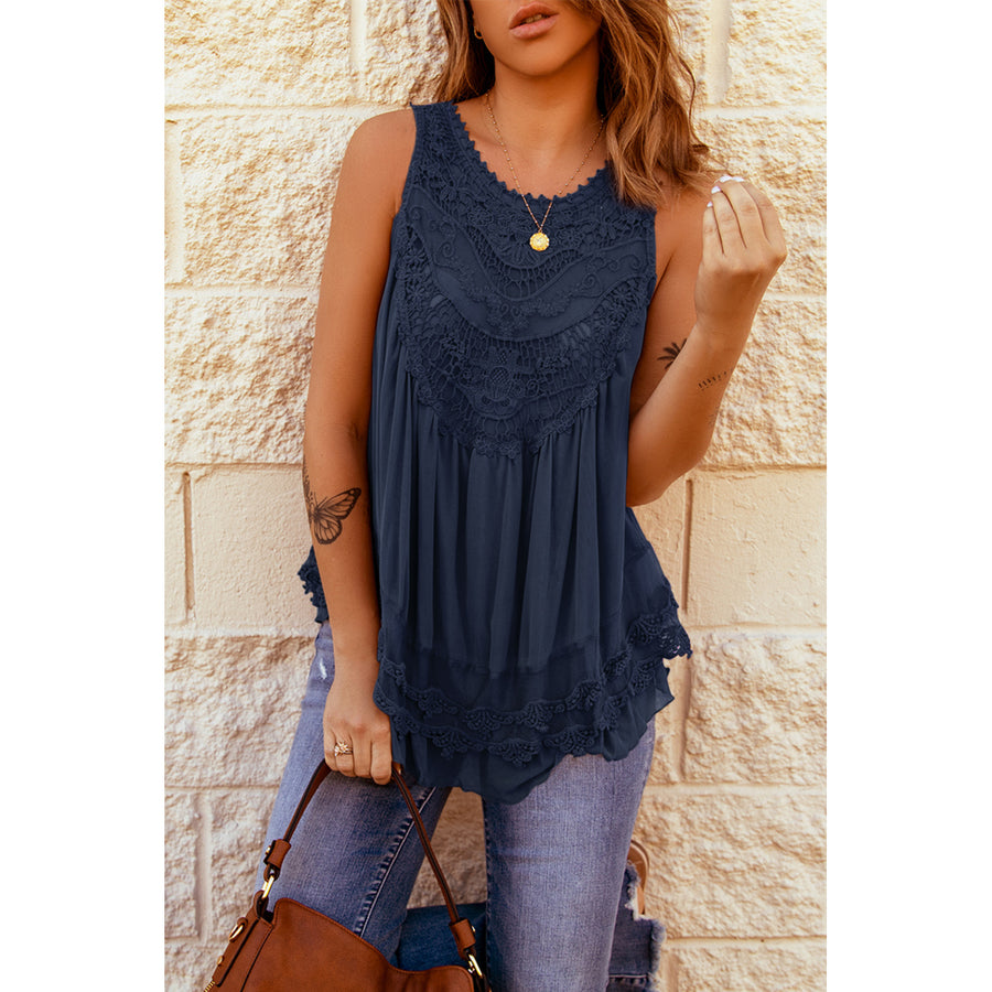 Womens Navy Blue Lace Detail Buttons Back Sleeveless Top Image 1