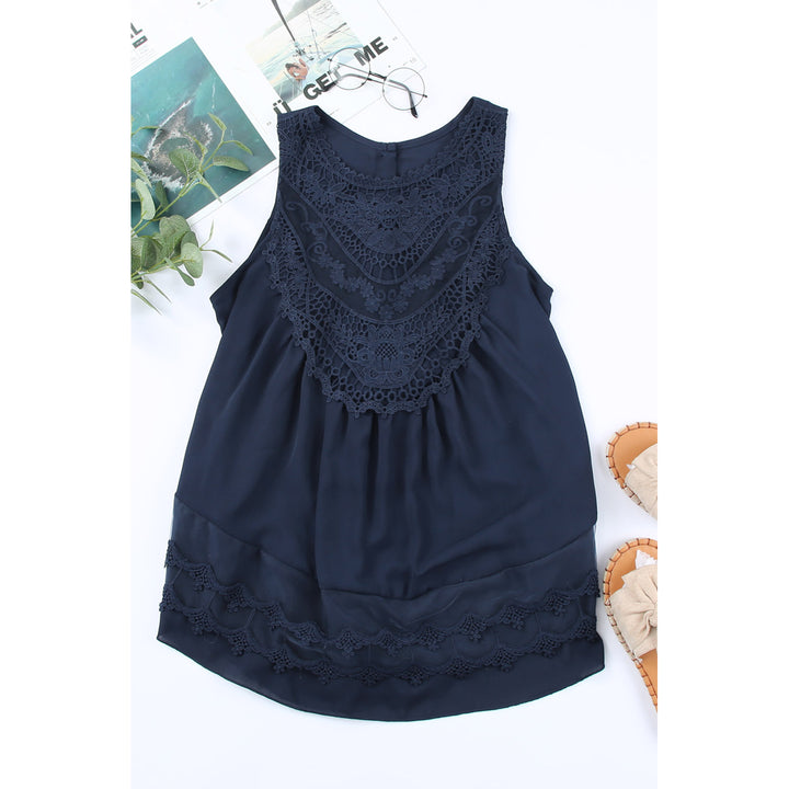 Womens Navy Blue Lace Detail Buttons Back Sleeveless Top Image 3