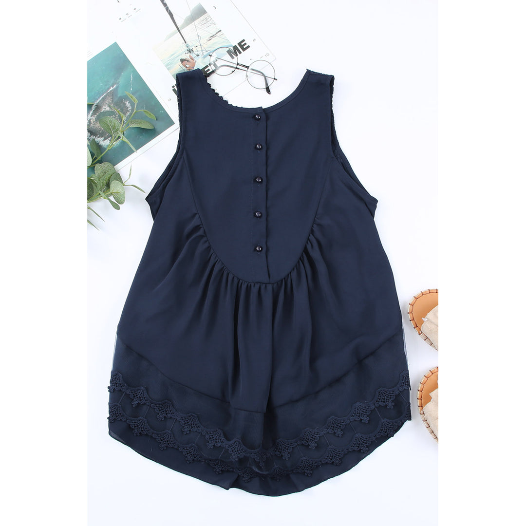 Womens Navy Blue Lace Detail Buttons Back Sleeveless Top Image 4