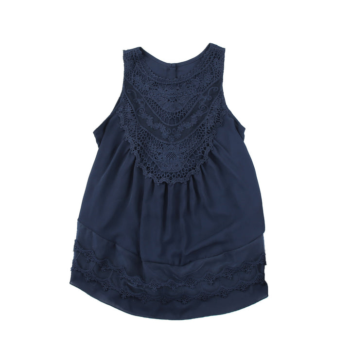 Womens Navy Blue Lace Detail Buttons Back Sleeveless Top Image 12