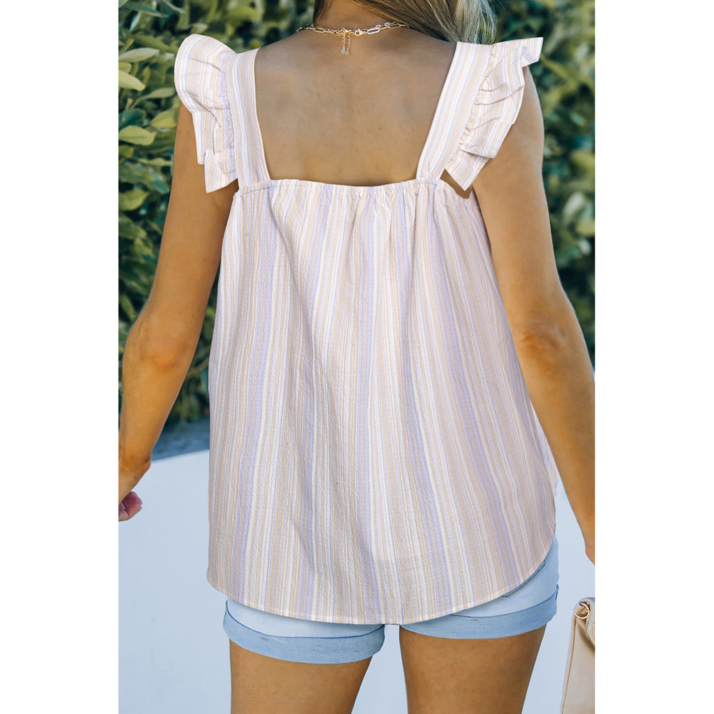 Women's Sky Blue Embroidered Square Neck Striped Tank Top Image 2