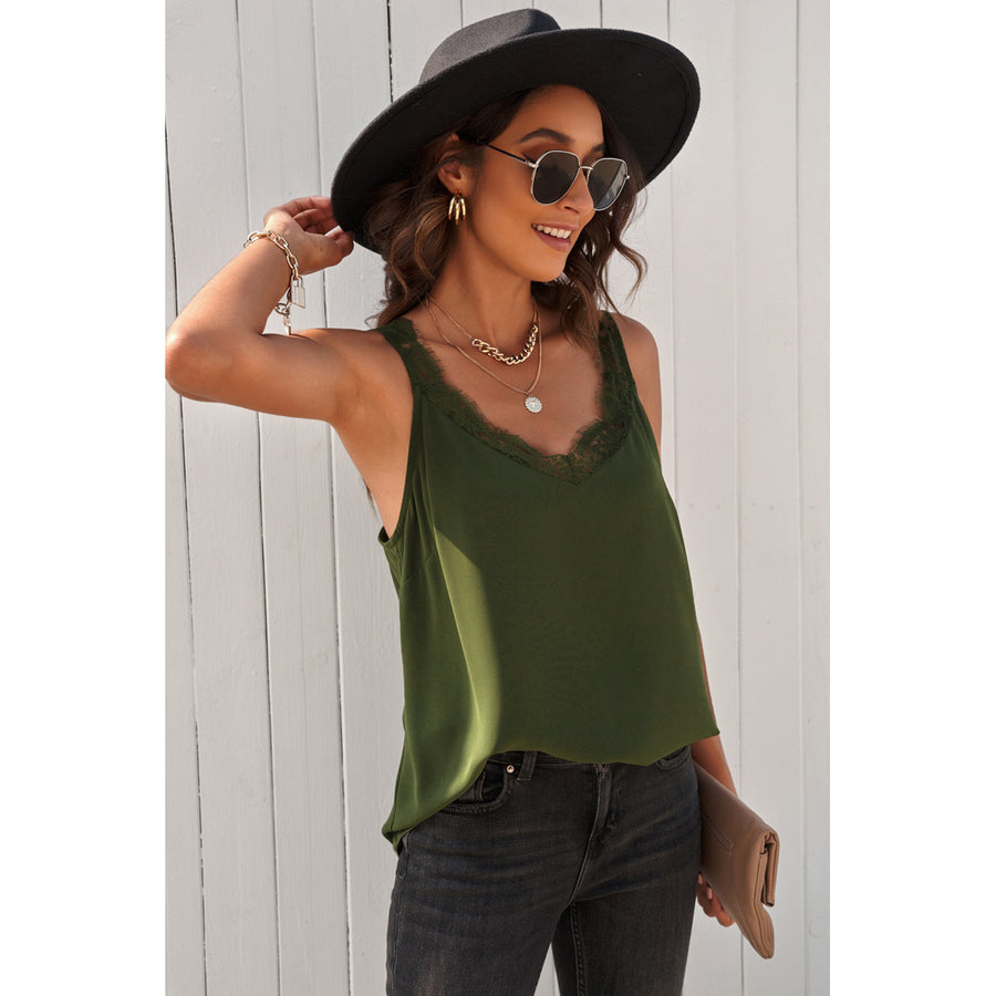 Womens Green Solid Lace Splicing Tank Top Image 1