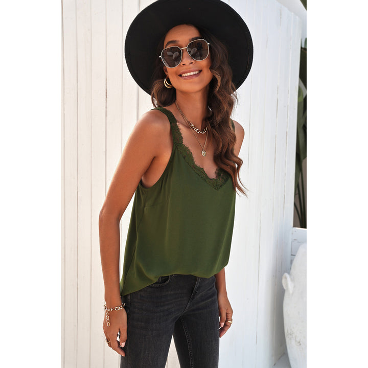 Womens Green Solid Lace Splicing Tank Top Image 3