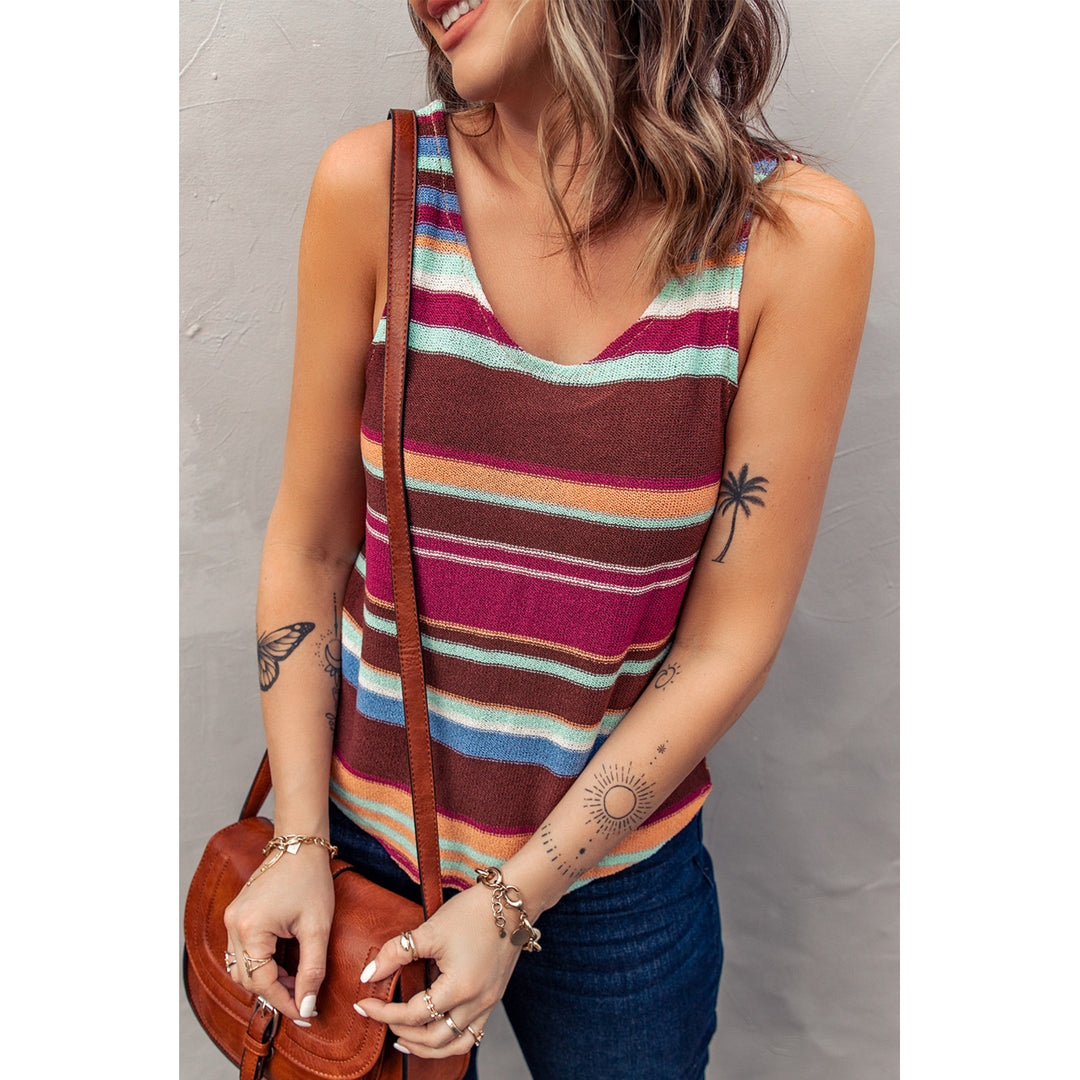 Womens Blue Multicolor Striped Knit Tank Top Image 3