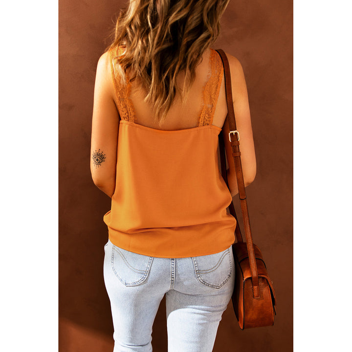 Womens Orange Solid Lace Splicing Tank Top Image 2