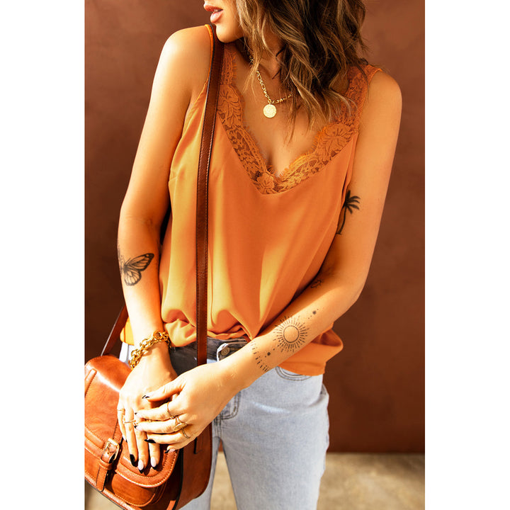 Womens Orange Solid Lace Splicing Tank Top Image 1