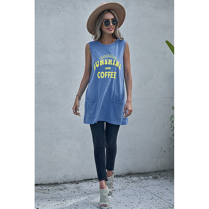 Women's Sky Blue SUNSHINE AND COFFEE Letters Graphic Tank with Pockets Image 1