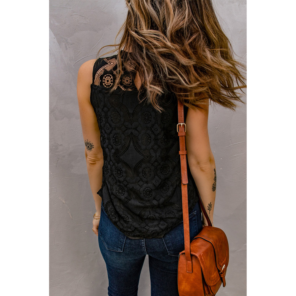 Women's Black Lace Hollow Out Sleeveless T-Shirt Image 2