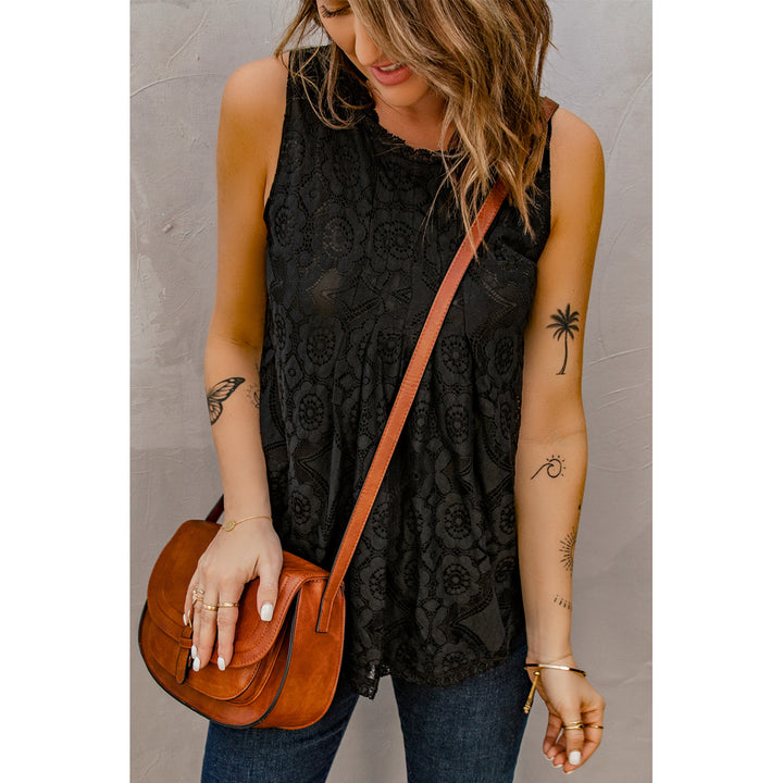 Women's Black Lace Hollow Out Sleeveless T-Shirt Image 1