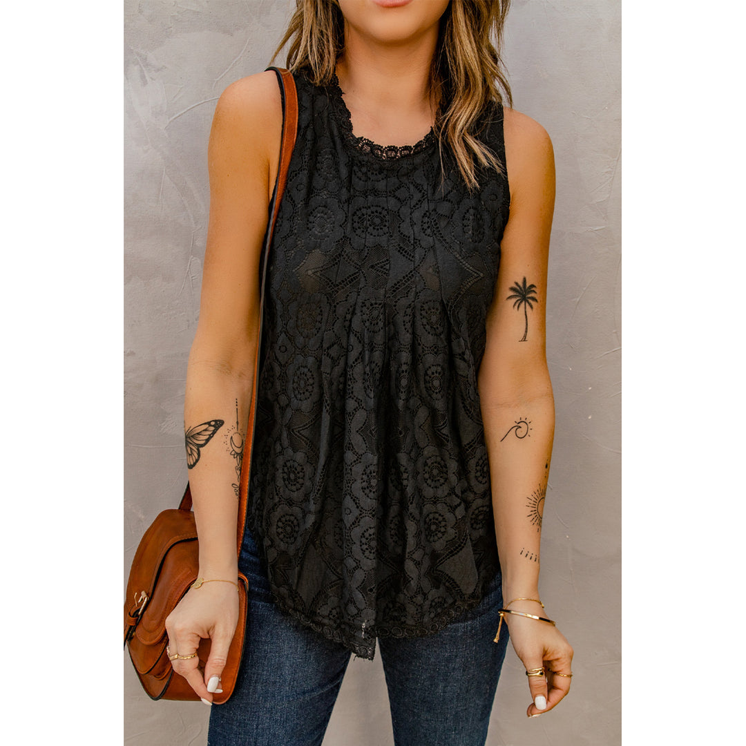Women's Black Lace Hollow Out Sleeveless T-Shirt Image 3
