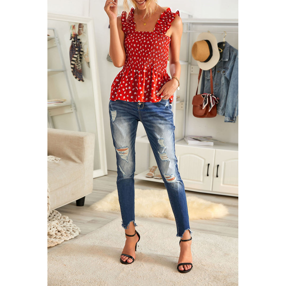 Womens Red Floral Smock Tank Image 3
