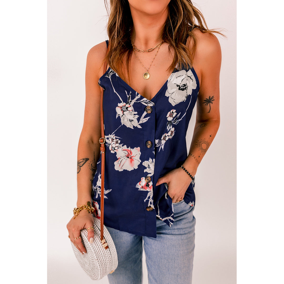 Womens Blue Floral Print Button Up Tank Top Image 3