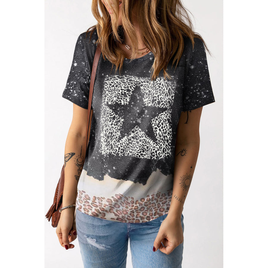 Women's Black Star Hollowed Leopard Bleached Graphic Tee Image 1