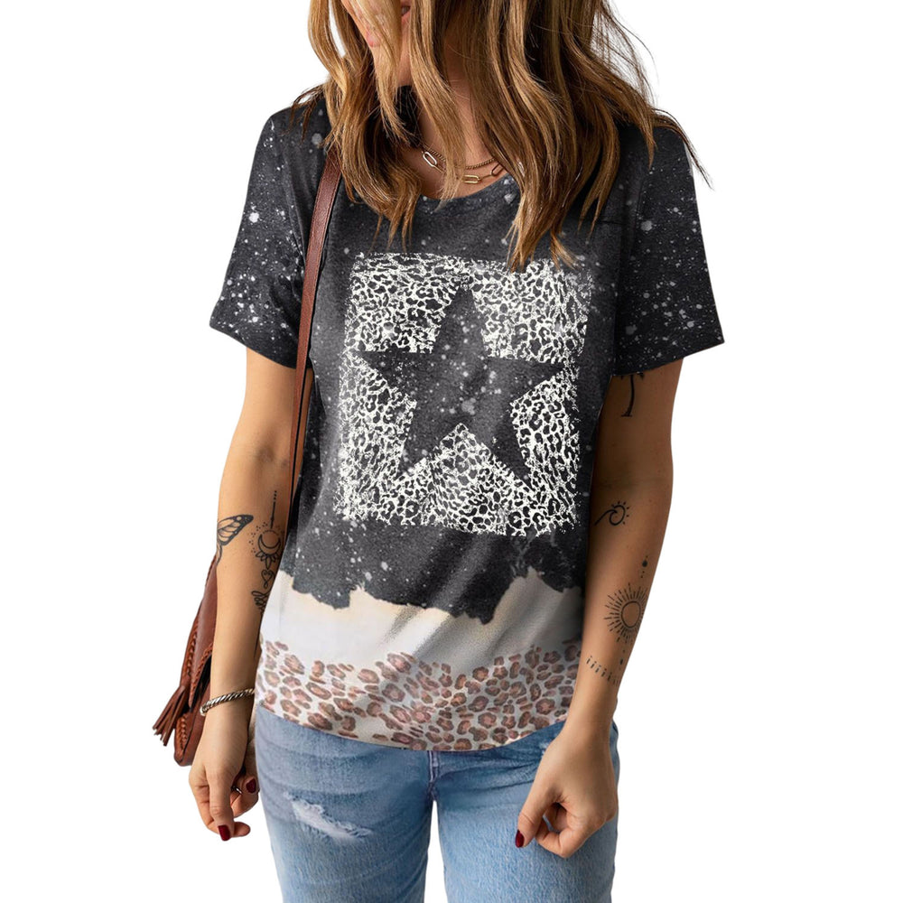 Women's Black Star Hollowed Leopard Bleached Graphic Tee Image 2