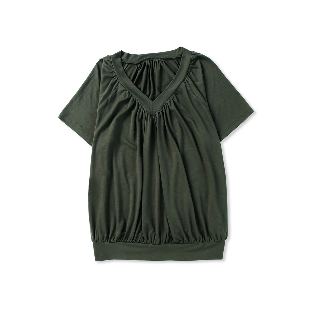 Womens Green V Neck Shirring Short Sleeve Top Image 1