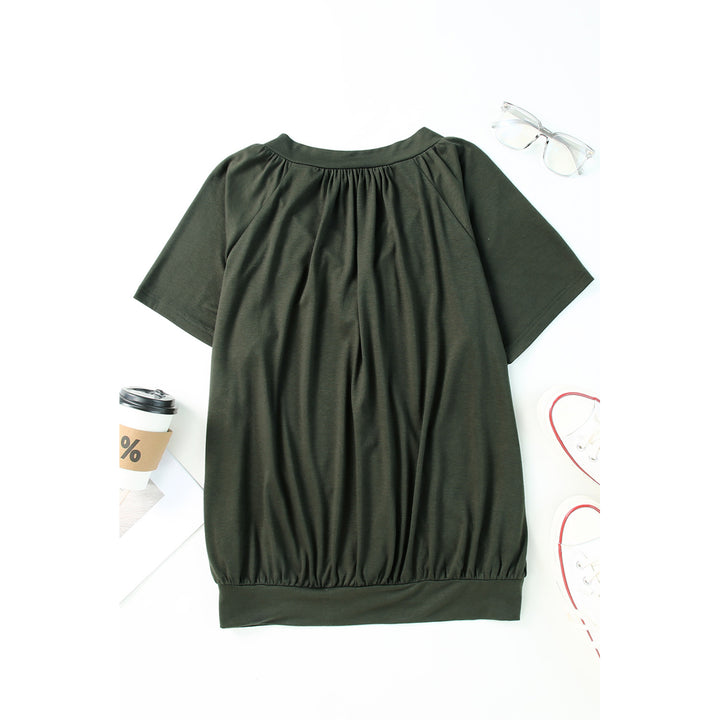 Womens Green V Neck Shirring Short Sleeve Top Image 3