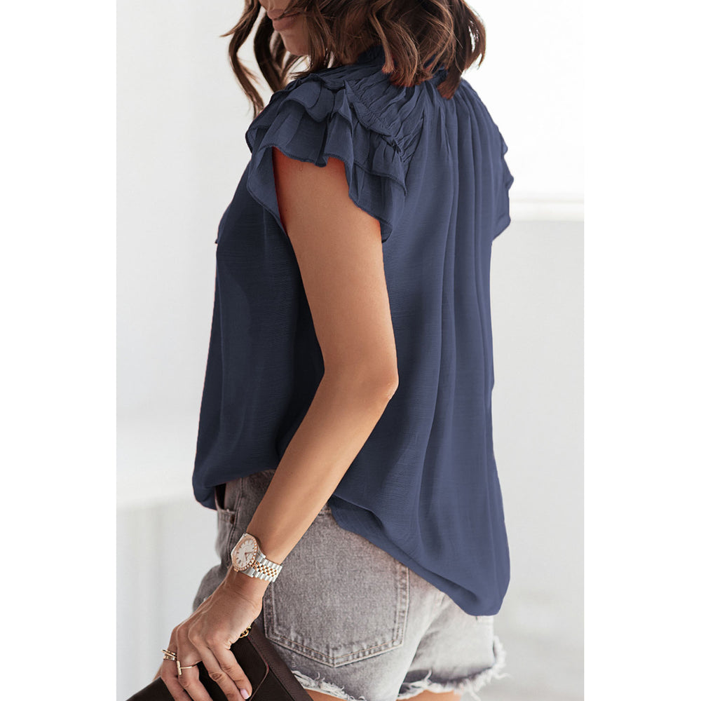 Women's Blue Tiered Ruffled Drawstring V Neck Top Image 2