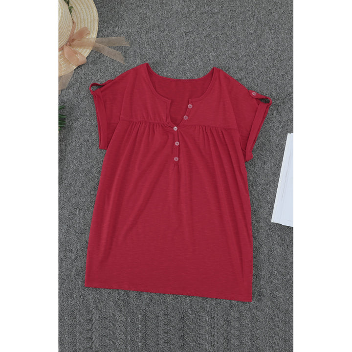 Women's Red Buttoned Detail Cotton Blend Short Sleeve T-shirt Image 1