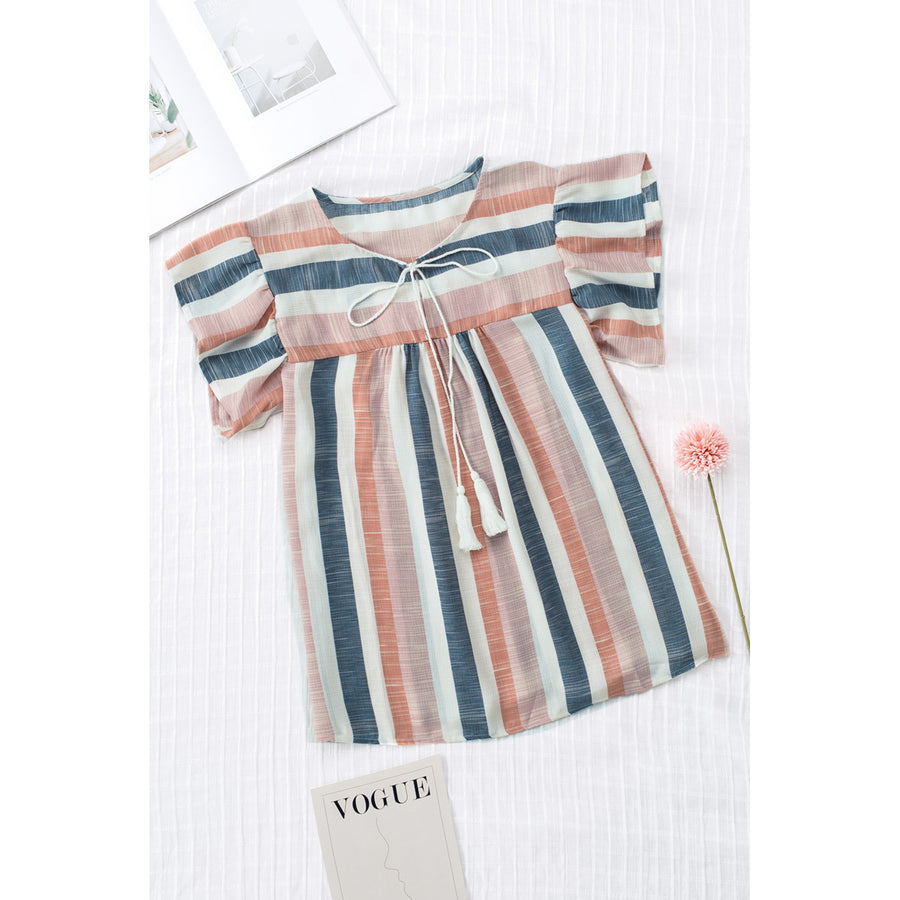 Womens Multicolor Stripes Split Neck Pleated Ruffled Short Sleeves Top Image 1