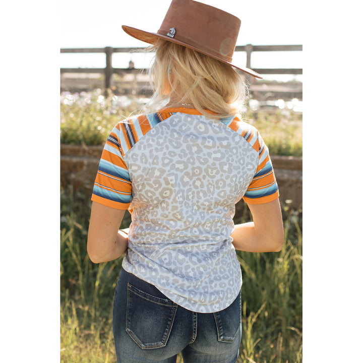 Women's Leopard Striped Pattern Color Block Short Sleeve T Shirt Image 1