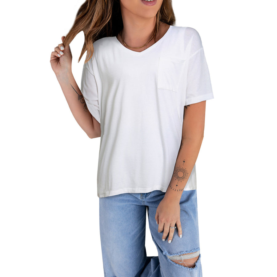 Womens White V Neck Short Sleeve T-shirt with Pocket Image 1