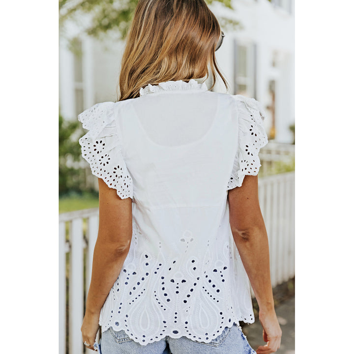 Women's White Perforating Pattern Ruffled Sleeves Sheer Babydoll Top Image 2