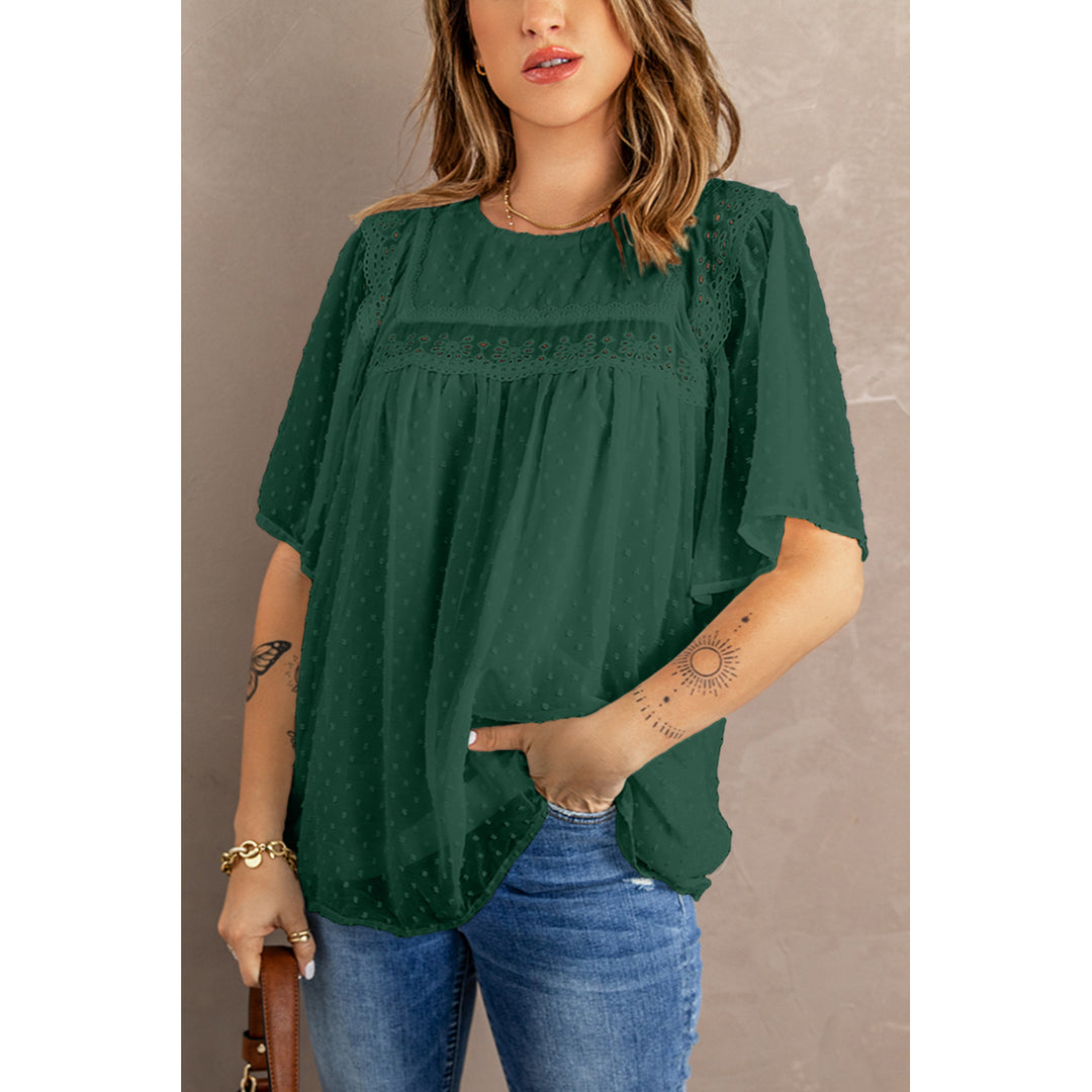 Women's Green Flutter Sleeves Sheer Textured Babydoll Top Image 1